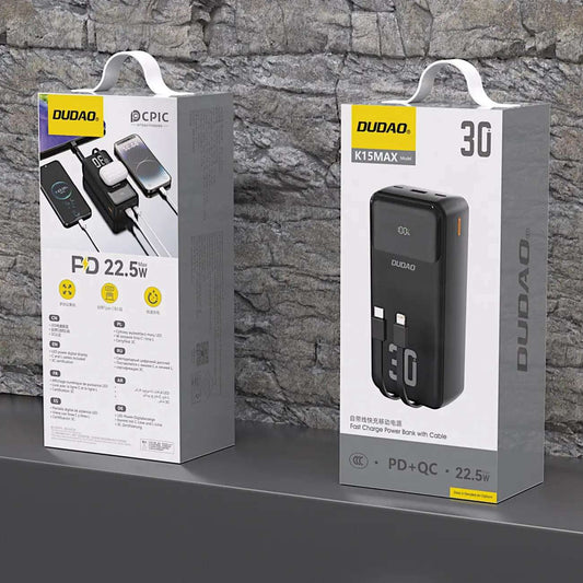 Dudao K15MAX 30000mAh PD 22.5W Powerbank with Built-in Cables – Black