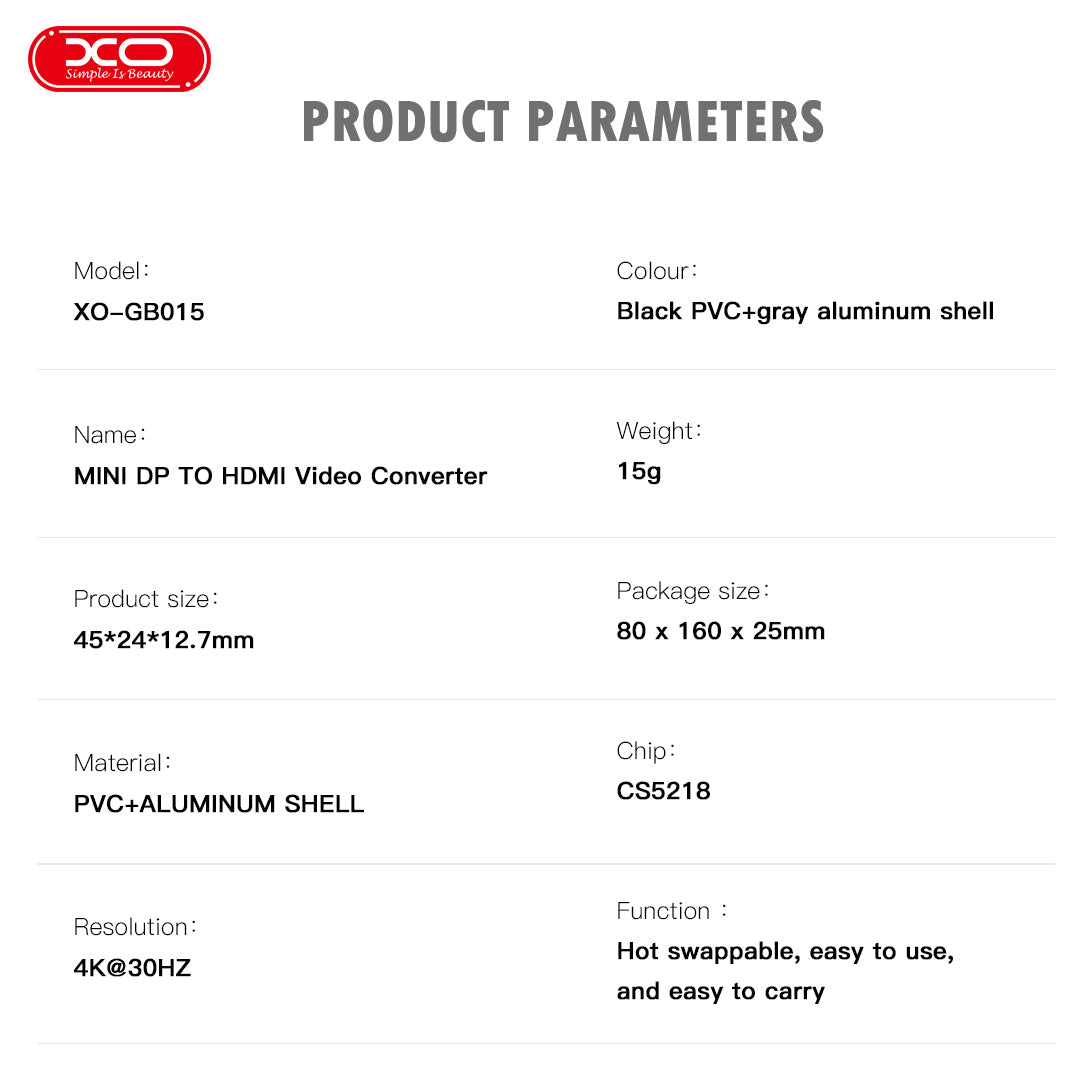 XO GB015 Mini DisplayPort zu HDMI Adapter 4K Grau | HD-Video - MIZO.at