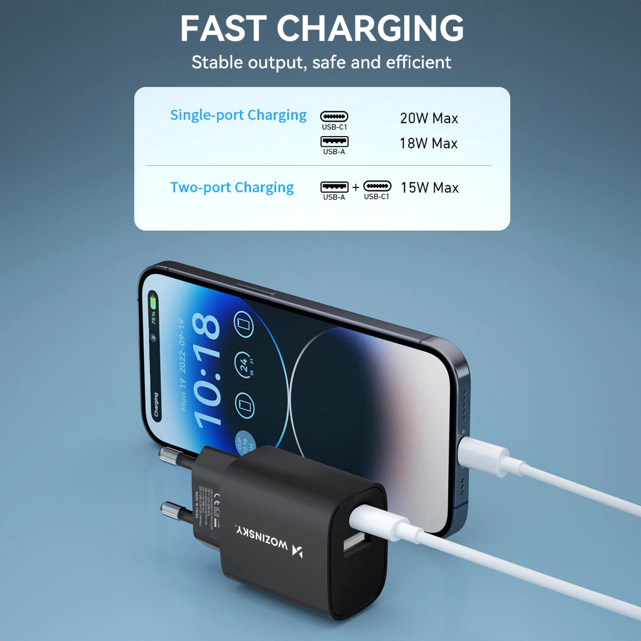 Wozinsky 20W USB-A USB-C Wall Charger | Dual Ports, Fast Charging - MIZO.at