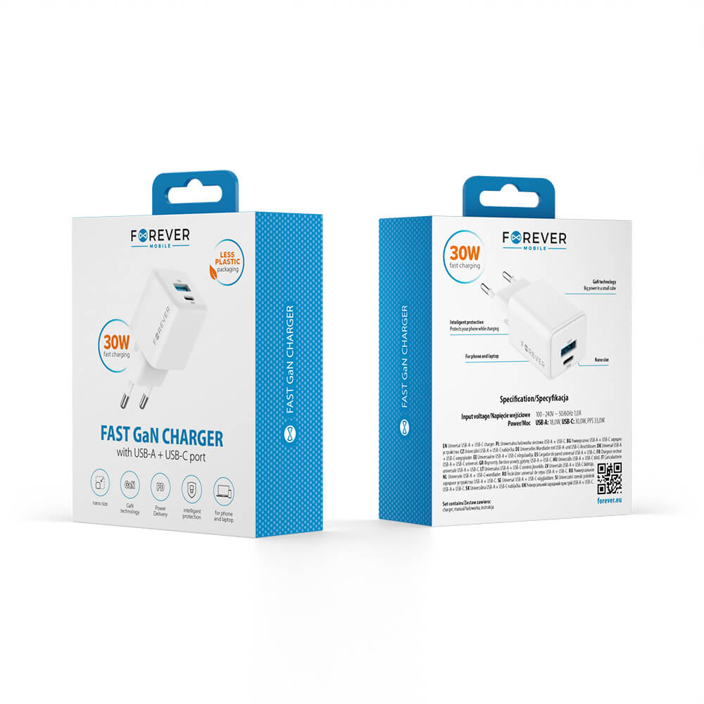 Forever TC-08 GaN Ladegerät 30W PD QC – USB-C + USB-A Dual Port Weiß - MIZO.at