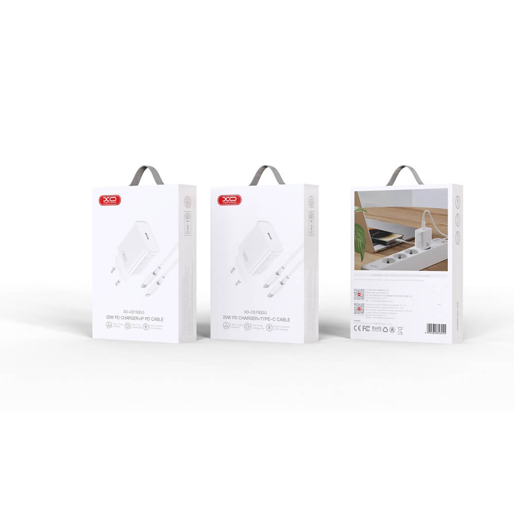 XO CE15 Charger | 20W PD USB-C + USB-C Cable White - MIZO.at
