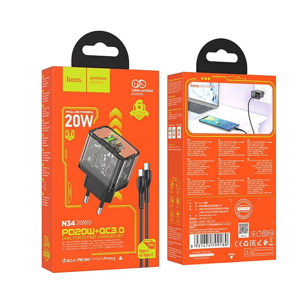 Hoco N34 20W Dual Ladegerät USB-A + USB-C + USB-C Kabel Transparent - MIZO.at