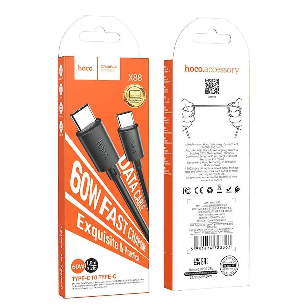 HOCO Type-C to Type-C Cable PD 3A 60W X88 | 1m Black - MIZO.at