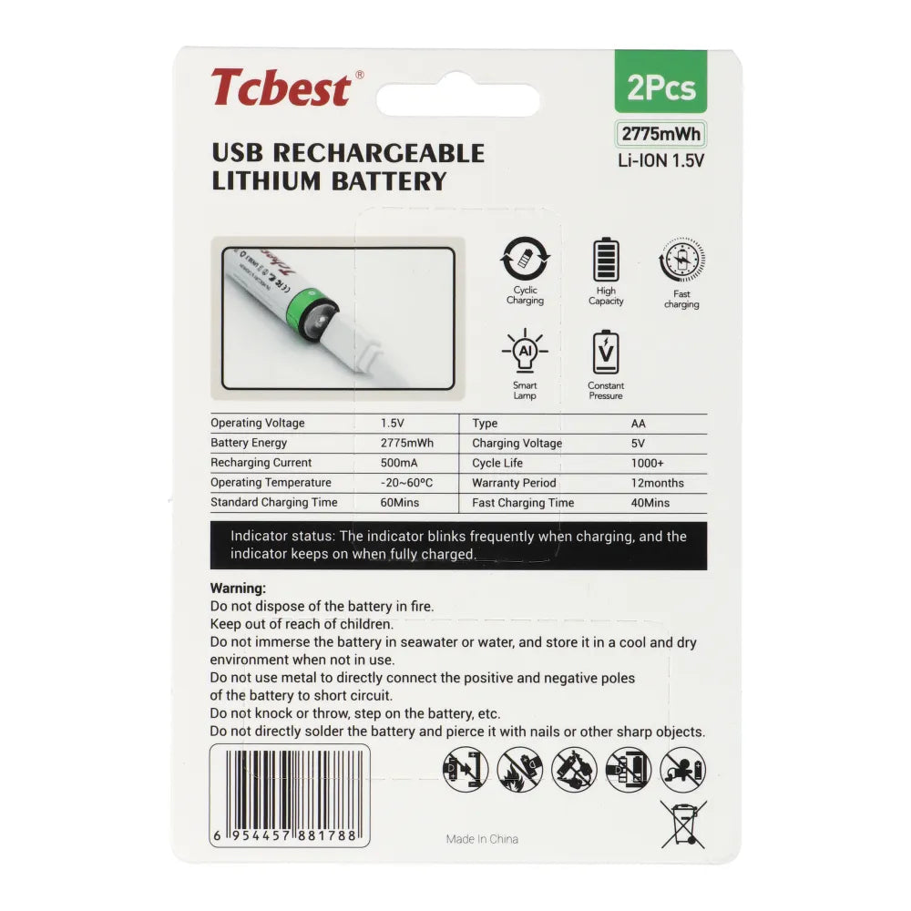 TCBest Wiederaufladbar AA Batterie 1850mAh USB-C 2er - MIZO.at