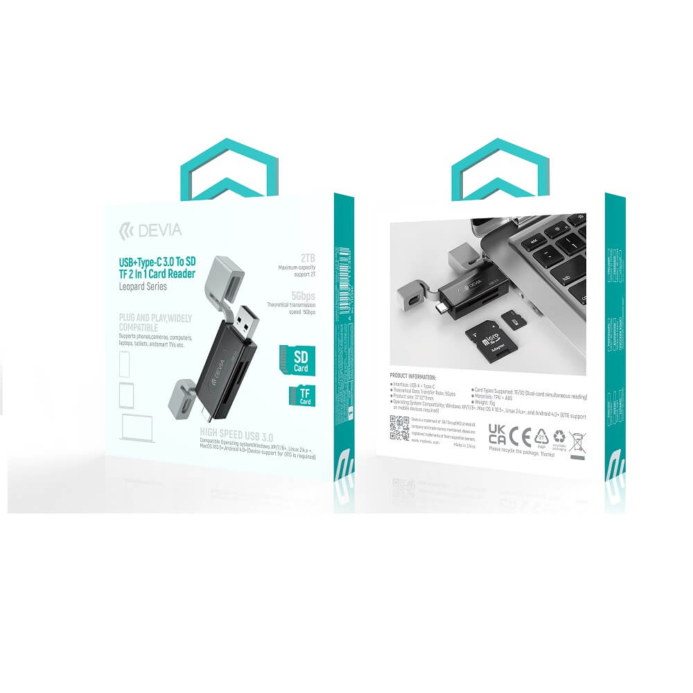 Devia EL240 2-in-1 Card Reader USB/USB-C 3.0 – Black - MIZO.at