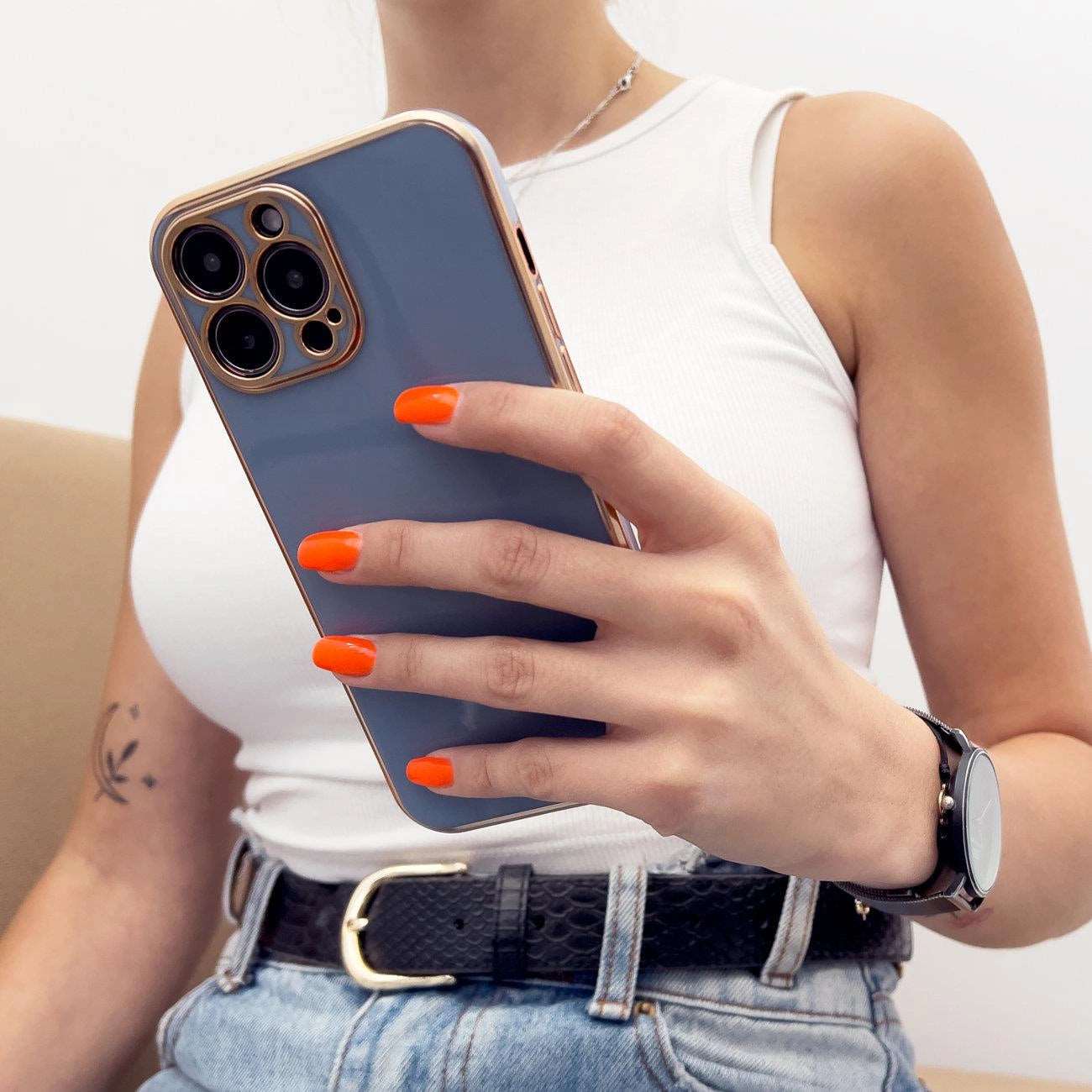 Blau iPhone 13 Pro Case – Goldrahmen Farbwechsel Gel Schutzcover Premium - MIZO.at