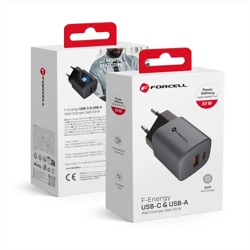 FORCELL GaN VT-31 33W Travel Charger USB-C + USB-A – Gray - MIZO.at