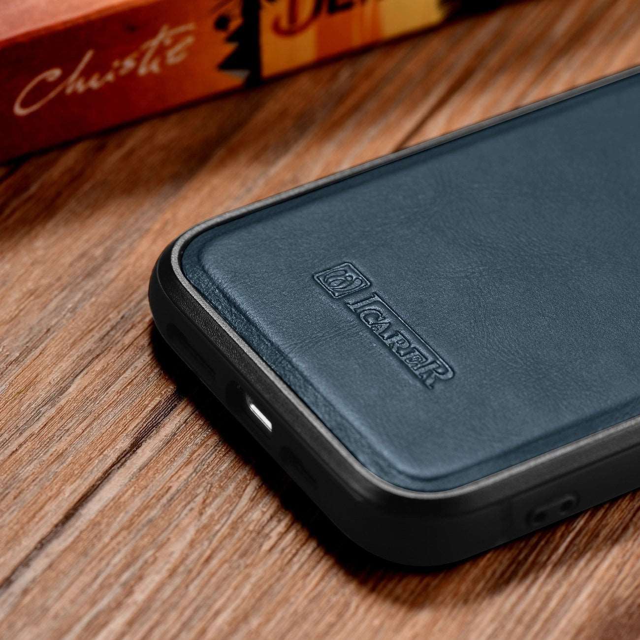 iPhone 14 Genuine Leather iCarer Leather Oil Wax Case - Blue - MIZO.at