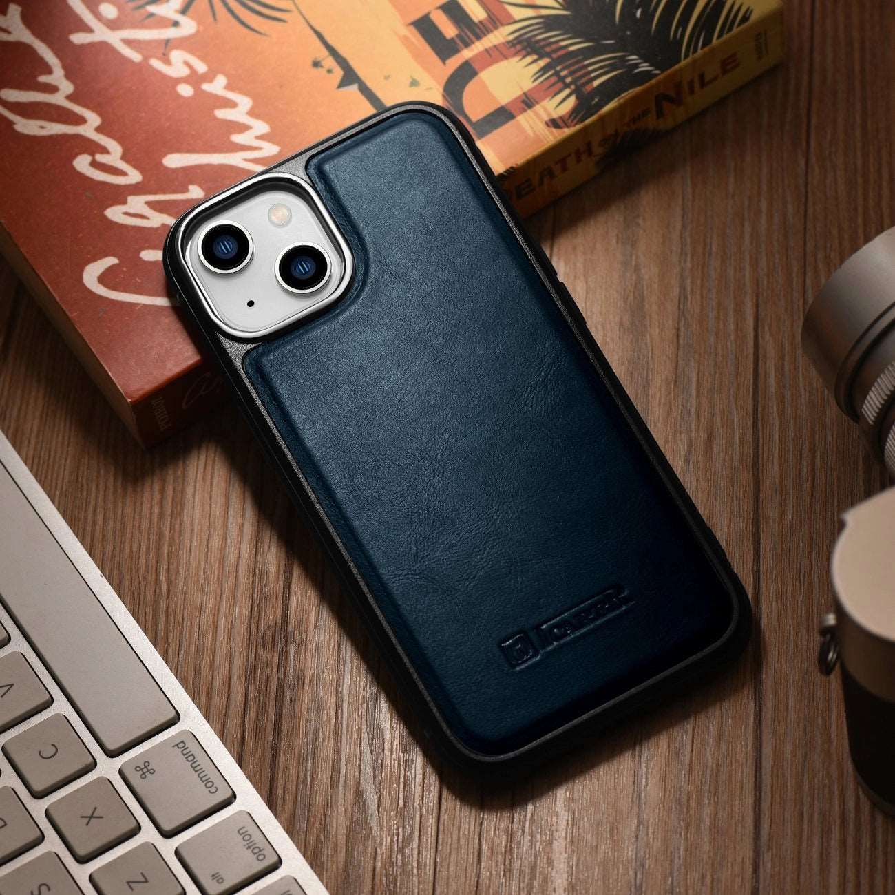 iPhone 14 Genuine Leather iCarer Leather Oil Wax Case - Blue - MIZO.at