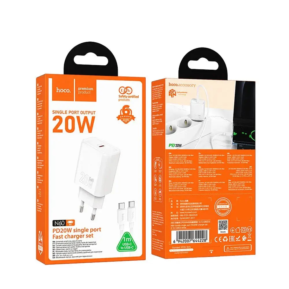 Hoco N60 USB-C QC PD 20W Ladegerät + USB-C auf Lightning Kabel Weiß - MIZO.at