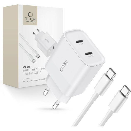 Tech-Protect Ladegerät 20W - USB-C PD & USB-A QC 3.0, Weiß mit Kabel - MIZO.at
