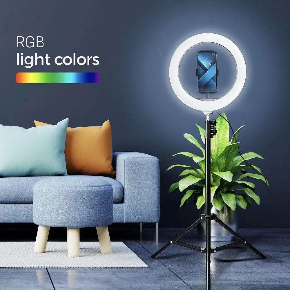 LED Ring Stream RGB Lamp 12" with Phone Holder & Tripod | Black - MIZO.at