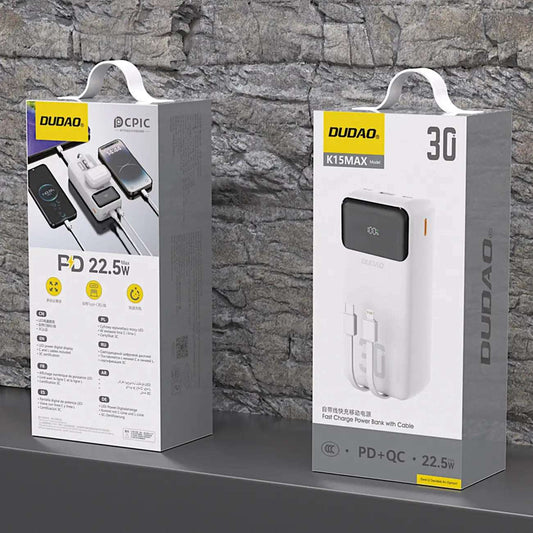 Dudao K15MAX 30000mAh PD 22.5W Powerbank with Built-in Cables – White
