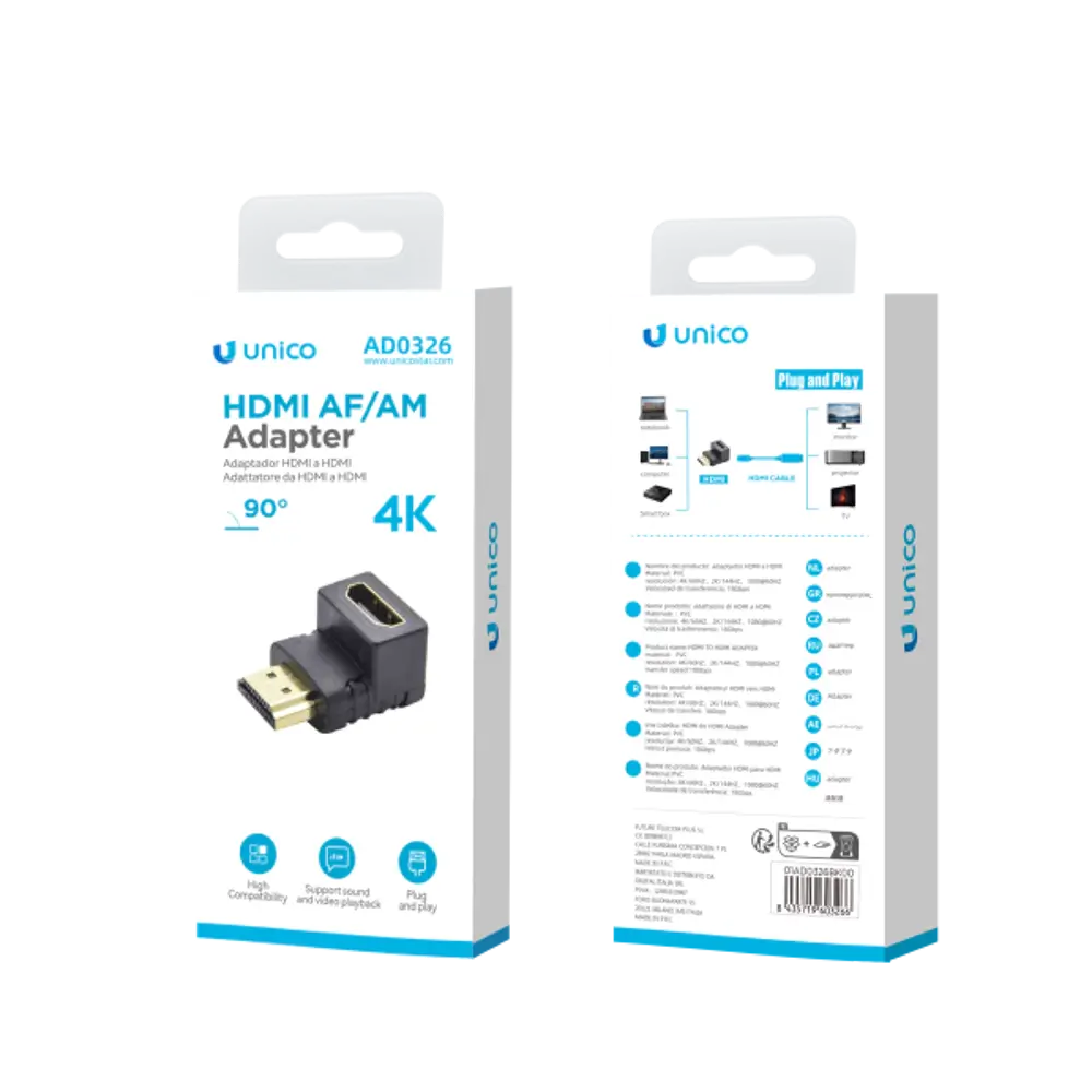 UNICO AD0326 HDMI 90° Winkeladapter – 4K UHD, Goldkontakte - MIZO.at