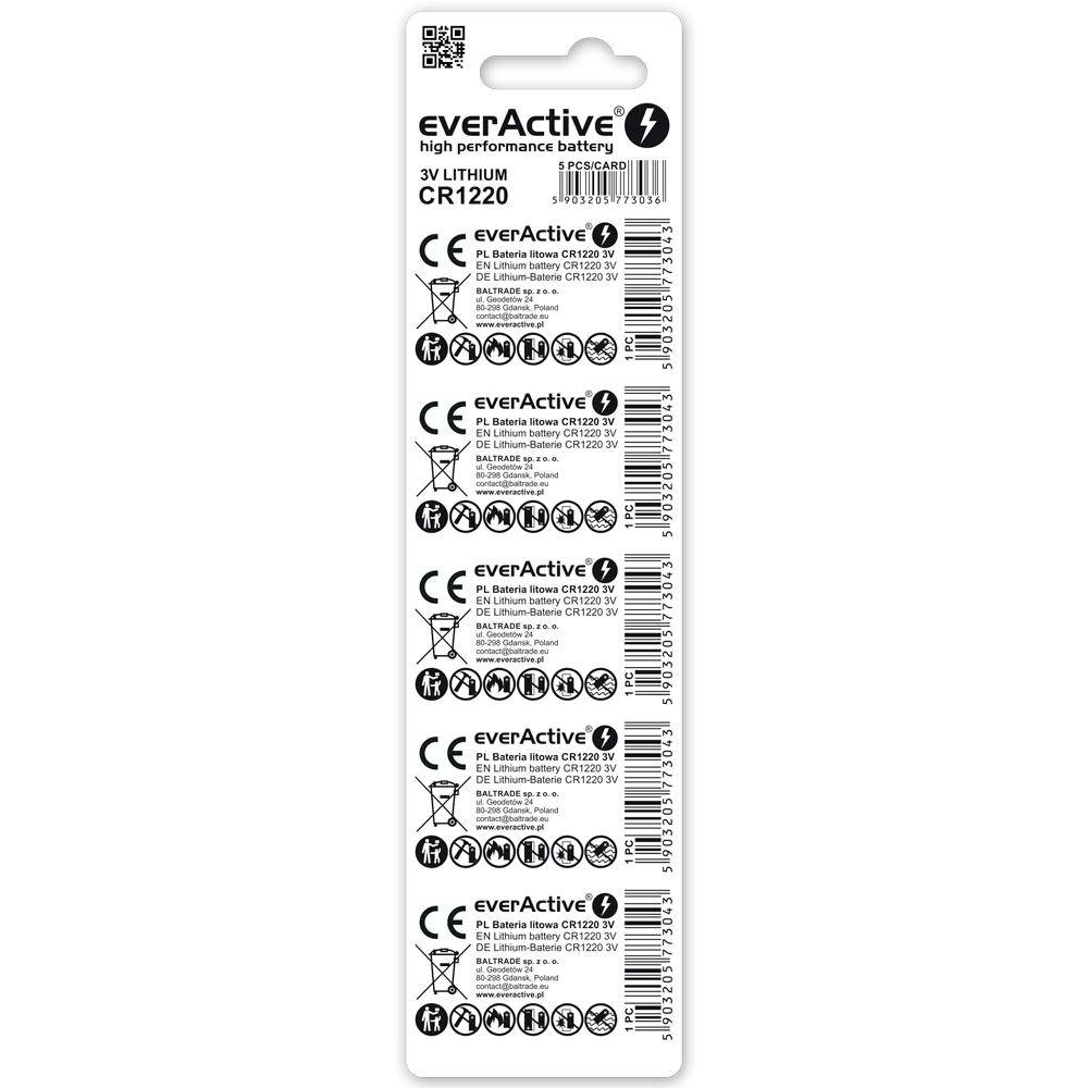 5er Pack everActive CR1220 Lithium Knopfzellen 3 V