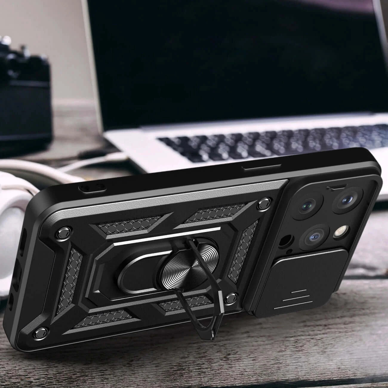iPhone 15 Pro Hybrid Armor Camshield Case | Black with Camera Cover - MIZO.at