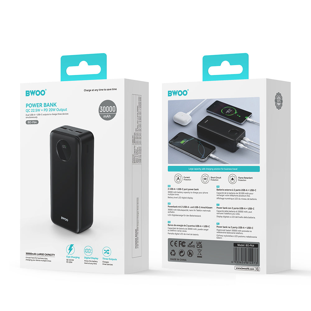 BWOO Power Bank 30,000mAh | 22.5W LCD Black - MIZO.at