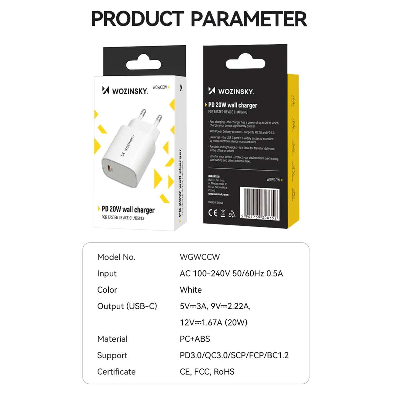 Wozinsky WGWCCW 20W USB-C Wall Charger | Fast Charging, Compact Design - MIZO.at