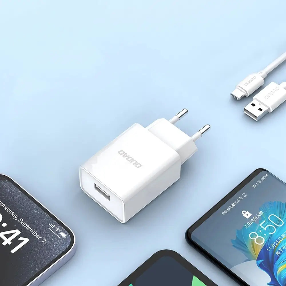 Dudao A4EU 2.1A USB-A Ladegerät Weiß + USB-A auf USB-C Kabel - MIZO.at