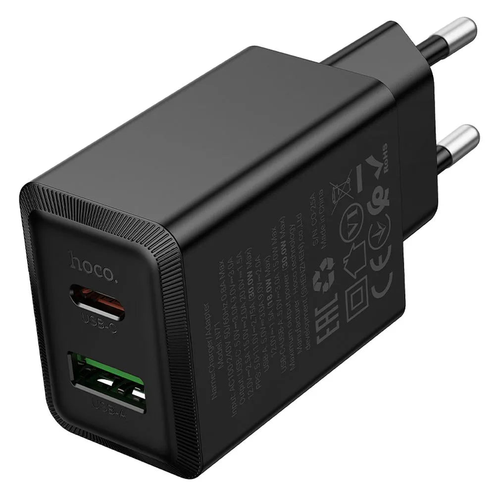 Hoco Ladegerät USB-A + USB-C QC3.0 PD 30W Schwarz N71 - MIZO.at