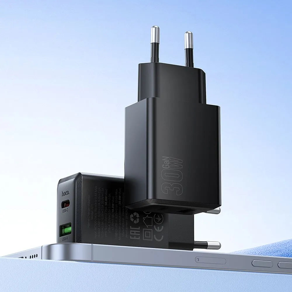 Hoco Ladegerät USB-A + USB-C QC3.0 PD 30W Schwarz N71 - MIZO.at