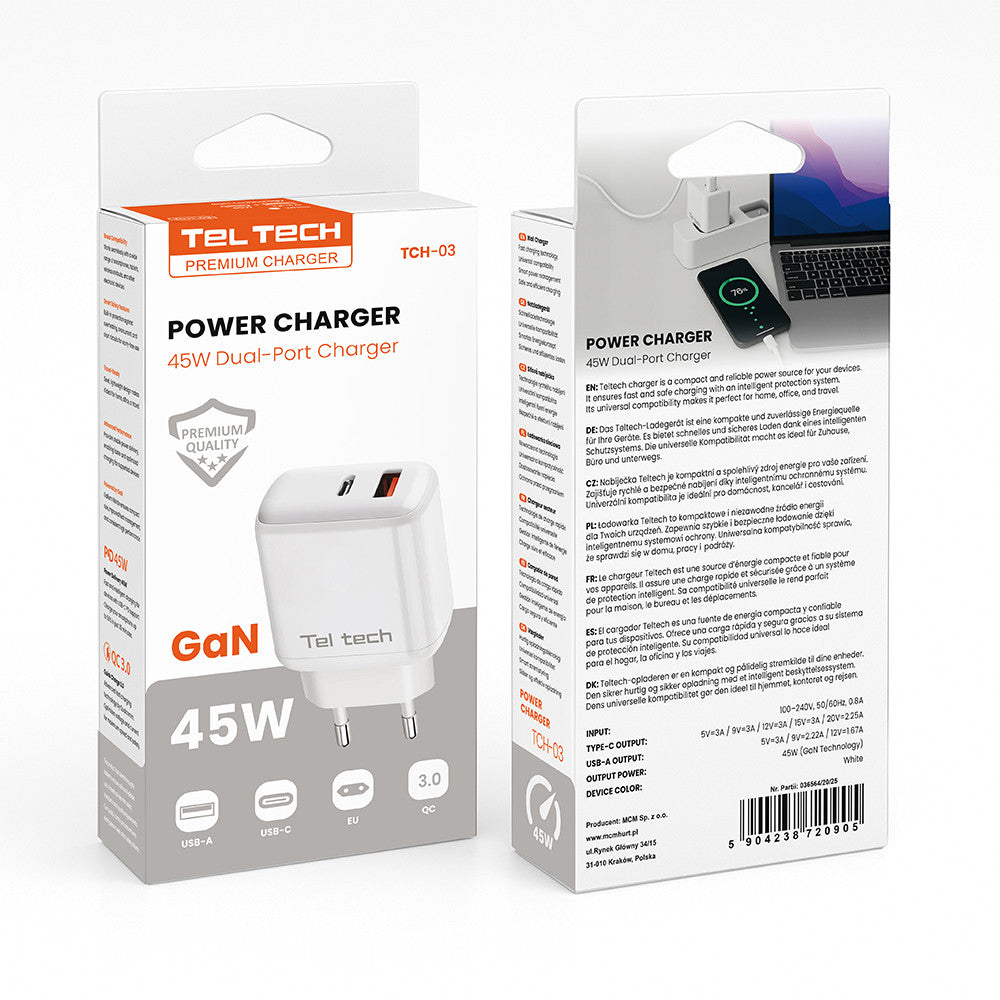Teltech GaN Netzladegerät USB-C 45W PD PPS Weiß