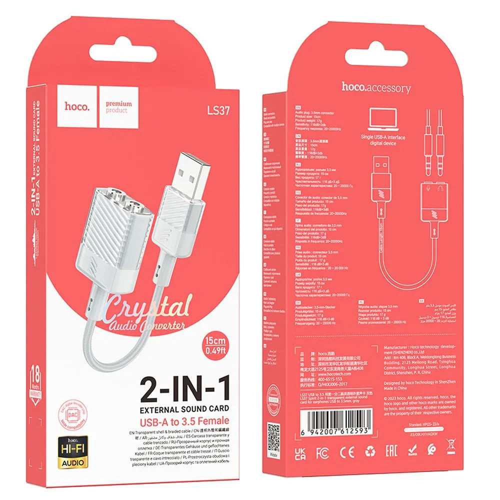Hoco AUX USB to Dual 3.5mm Jack Adapter | Grey - MIZO.at