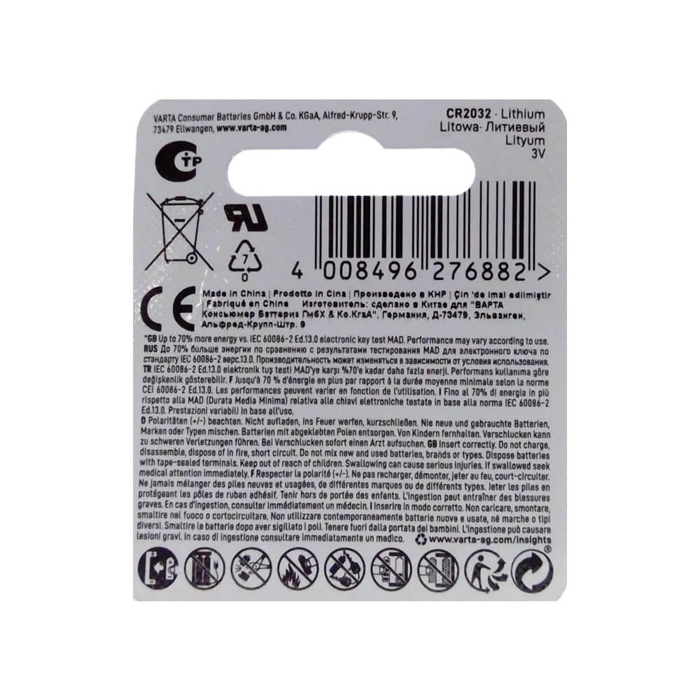 VARTA CR2032 Lithium-Knopfzelle 3V 230mAh – Lange Lebensdauer - MIZO.at