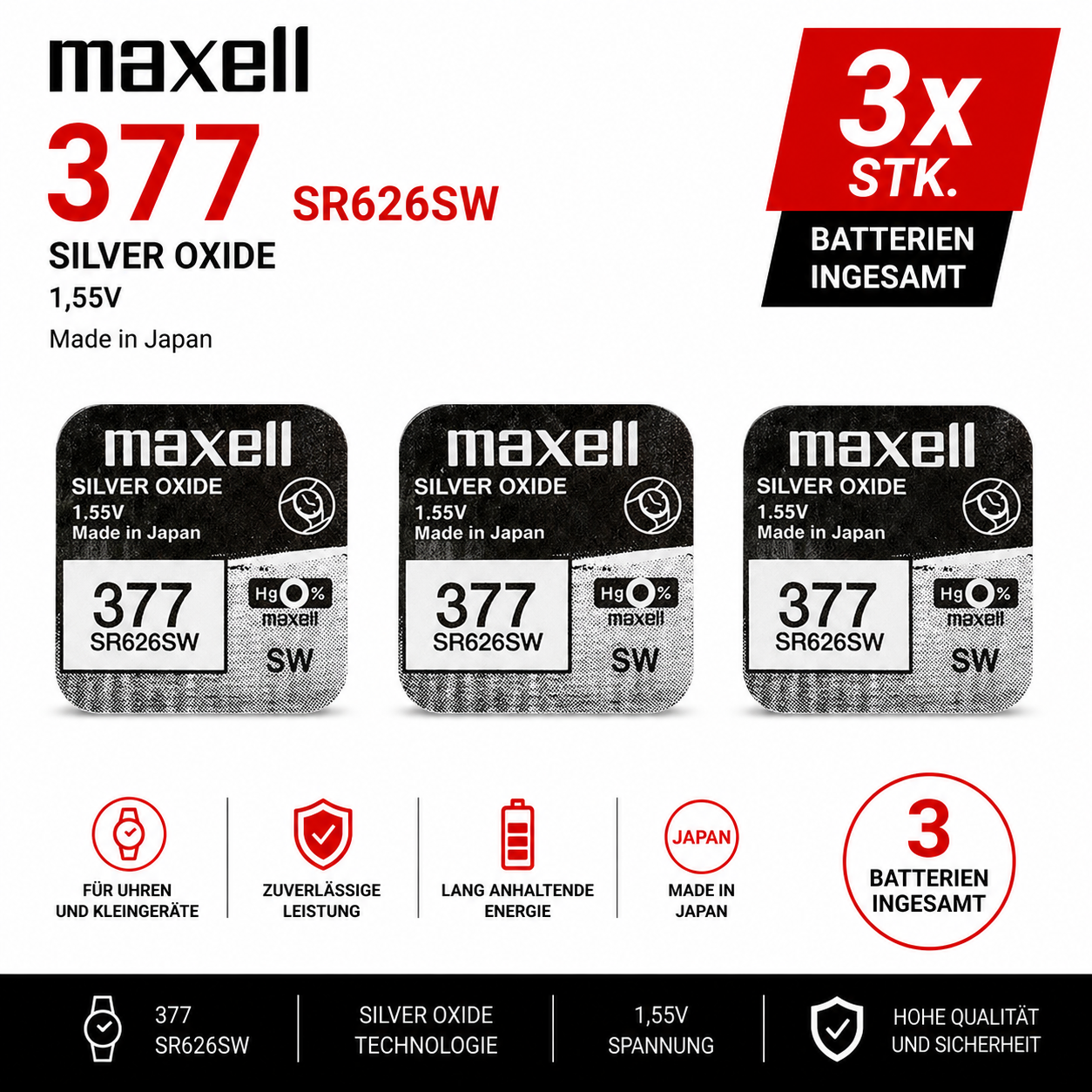 Maxell 377 SR626SW Silberoxid-Uhrenbatterie 3 Stk. 1,55V