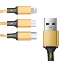 3in1 USB-Ladekabel Nylon 1,2 m – Lightning/Micro-USB/Type-C Gold - MIZO.at
