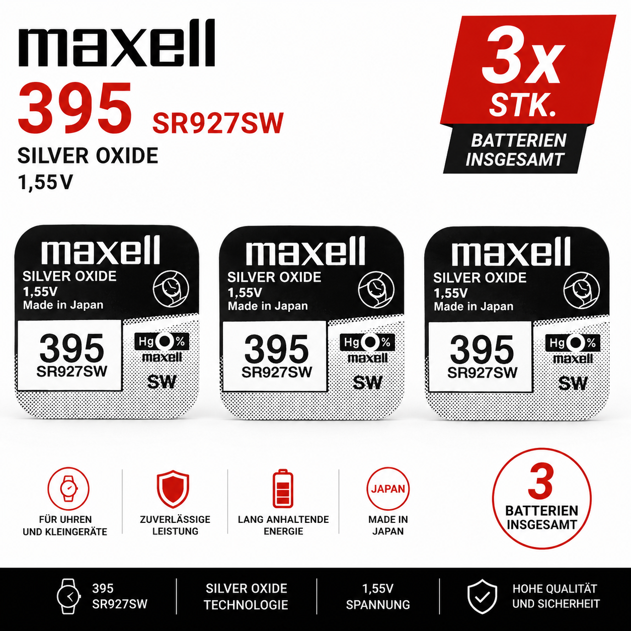Maxell 395 SR927SW Silberoxid Knopfzelle Batterie 1,55V – 3 Stk. - MIZO.at