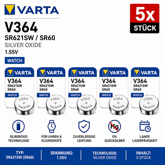 VARTA V364 SR621SW SR60 Silberoxid-Knopfzellen 1,55 V, 5 Stück