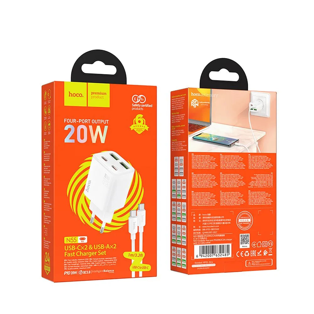 Hoco N55 20W Ladegerät 2×USB-C + 2×USB-A + USB-C/USB-C Kabel Weiß - MIZO.at
