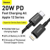 iPhone Ladekabel USB C auf Lightning 20W Schnellladen 1 m Baseus Schwarz