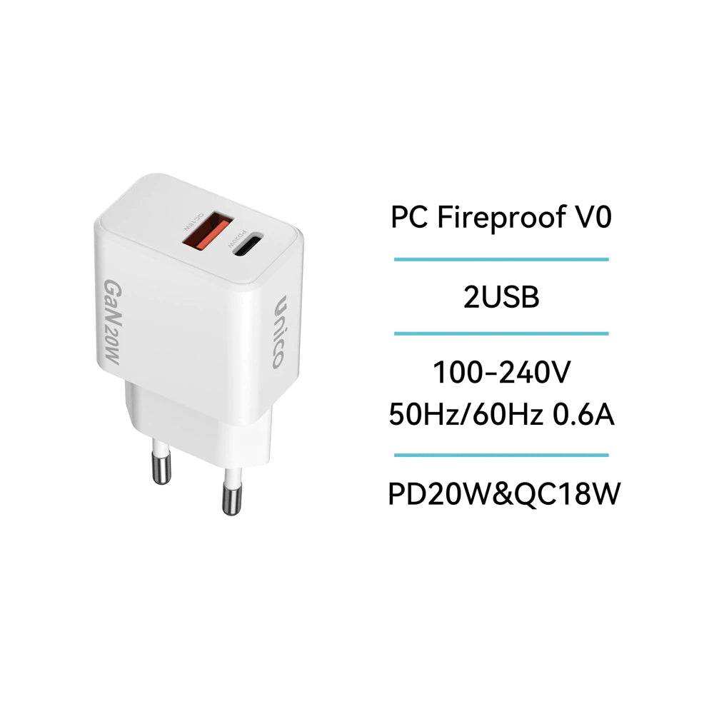 HC2343 Dual USB-A & USB-C PD 20W GaN Ladegerät Weiß