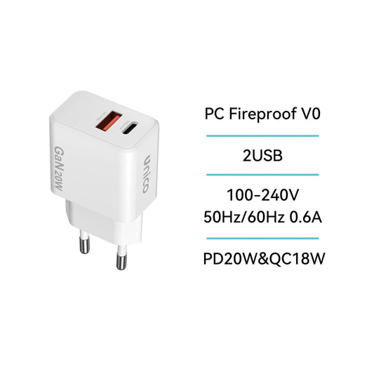 HC2343 Dual USB-A & USB-C PD 20W GaN Ladegerät Weiß