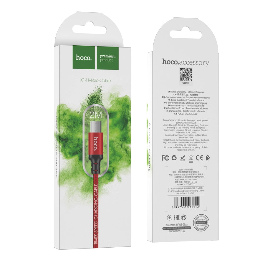 HOCO X14 Micro USB Cable | 2M Fast Charging Data Cable Black - MIZO.at