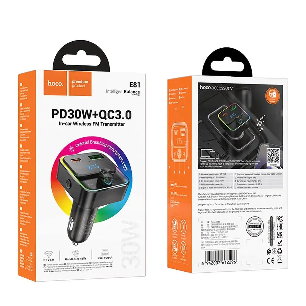 Hoco Auto-Ladegerät 30W QC 3.0 PD FM Transmitter E81 Schwarz - MIZO.at