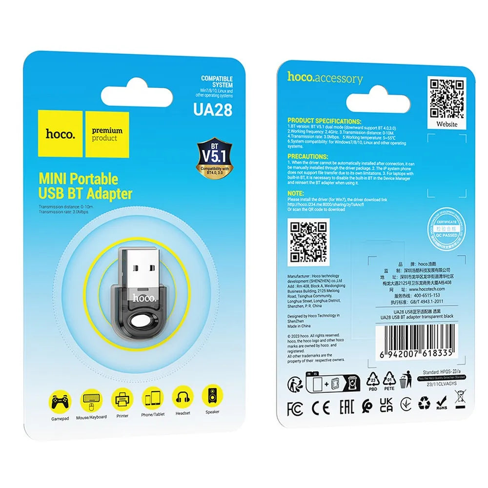 UA28 Bluetooth Adapter | USB-A, v5.1, 10-20m Range, Transparent - MIZO.at
