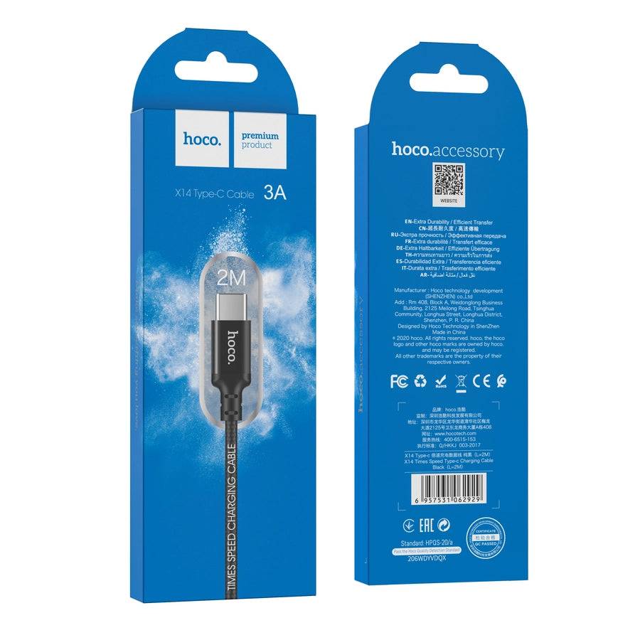 HOCO X14 USB C Cable | 2M Fast Charging Type-C Data Cable Black - MIZO.at