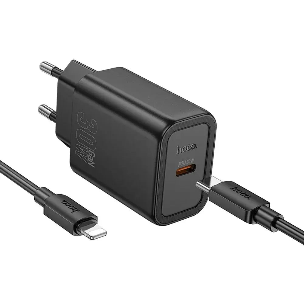 Hoco N62 USB-C QC PD 30W Ladegerät + USB-C auf Lightning Kabel Schwarz