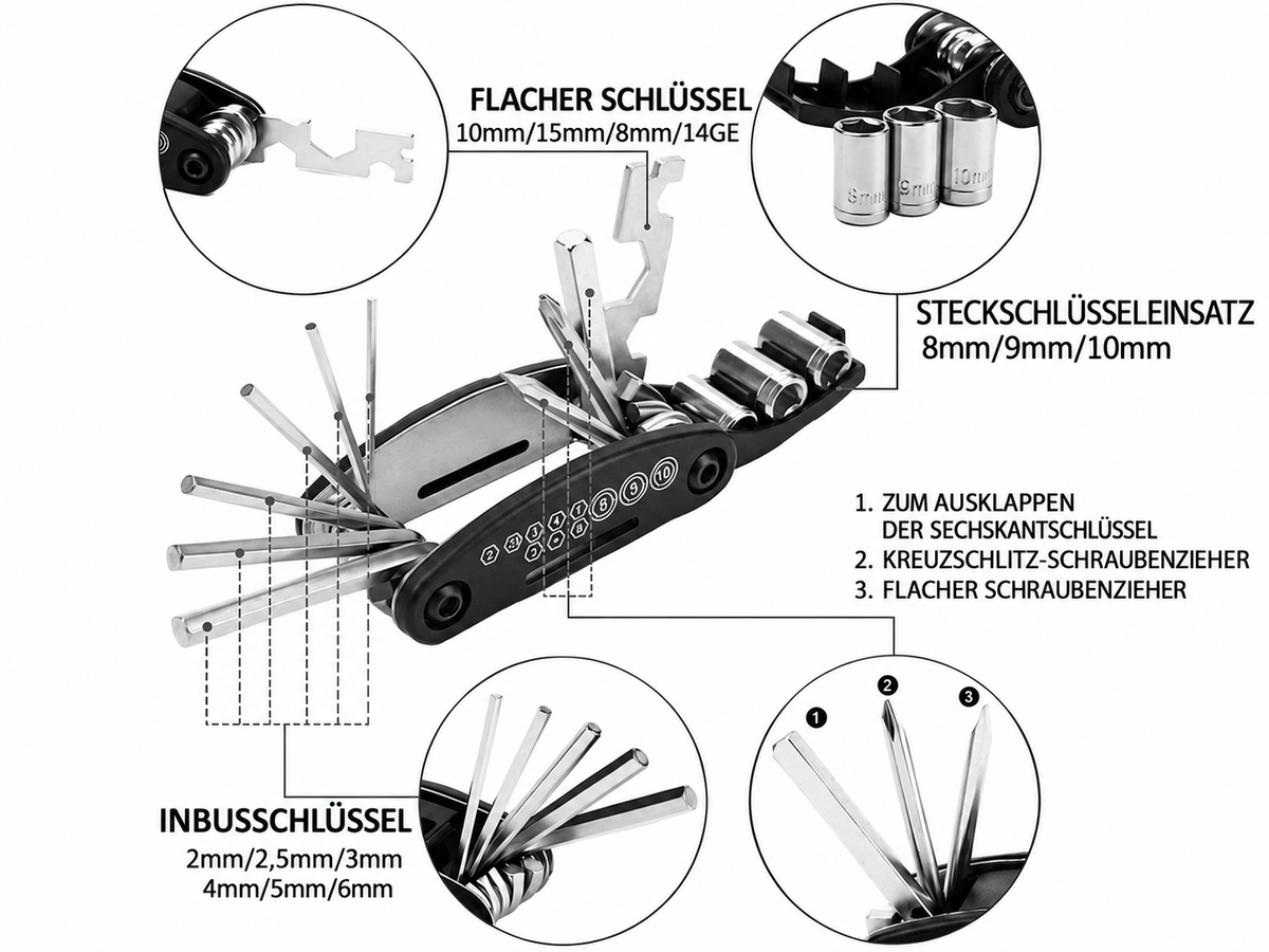 Fahrradwerkzeug 16-in-1 – Kompakter Multifunktionsschlüssel