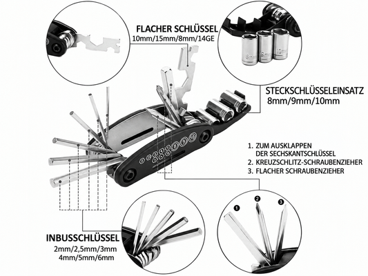 Fahrradwerkzeug 16-in-1 – Kompakter Multifunktionsschlüssel