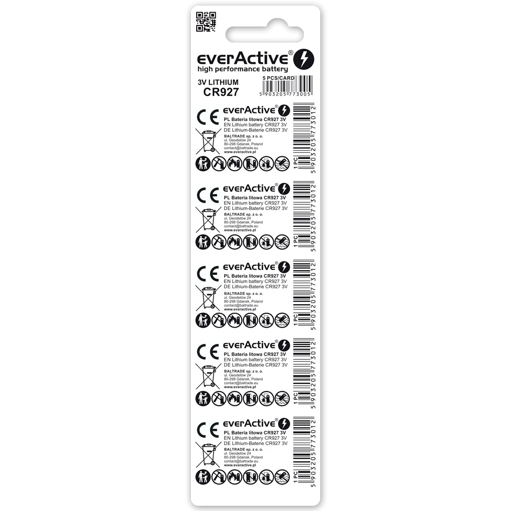 5er Pack everActive CR927 Lithium Knopfzellen 3 V
