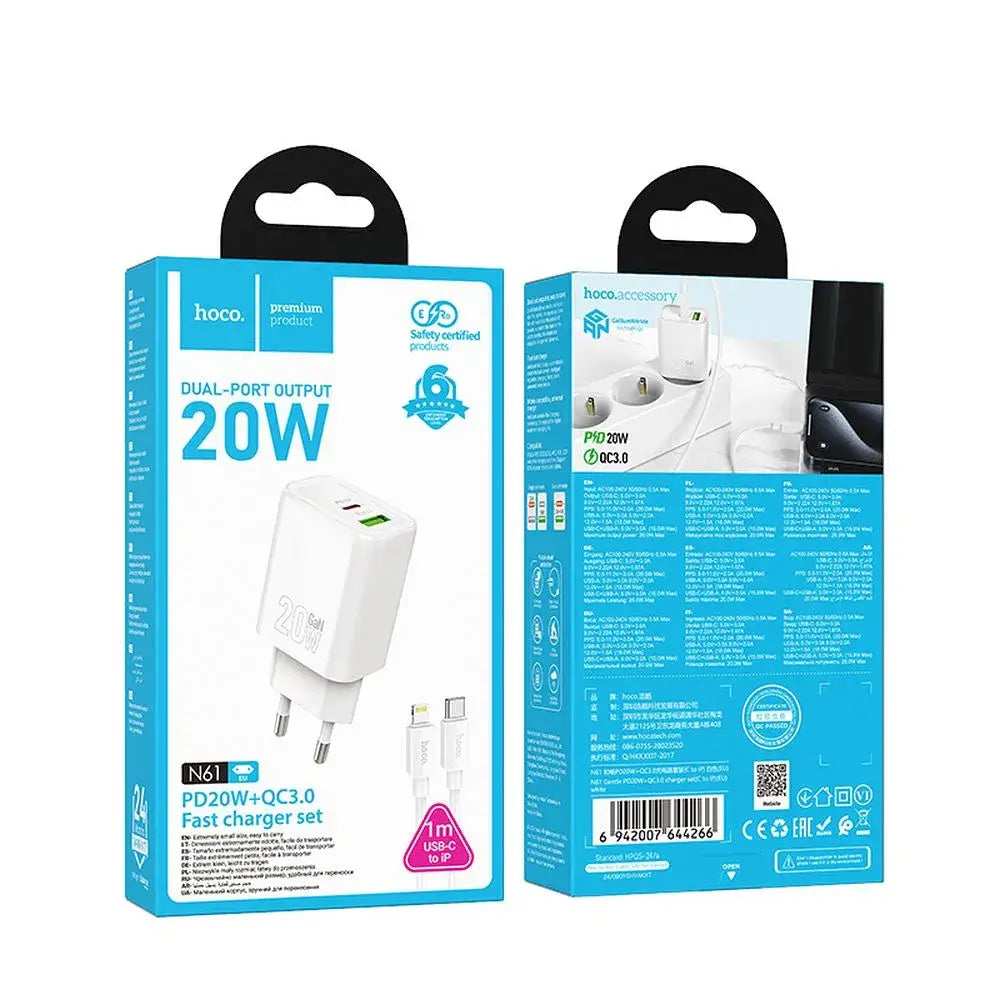 Hoco N61 20W Ladegerät USB-A + USB-C + USB-C/Lightning Kabel Weiß