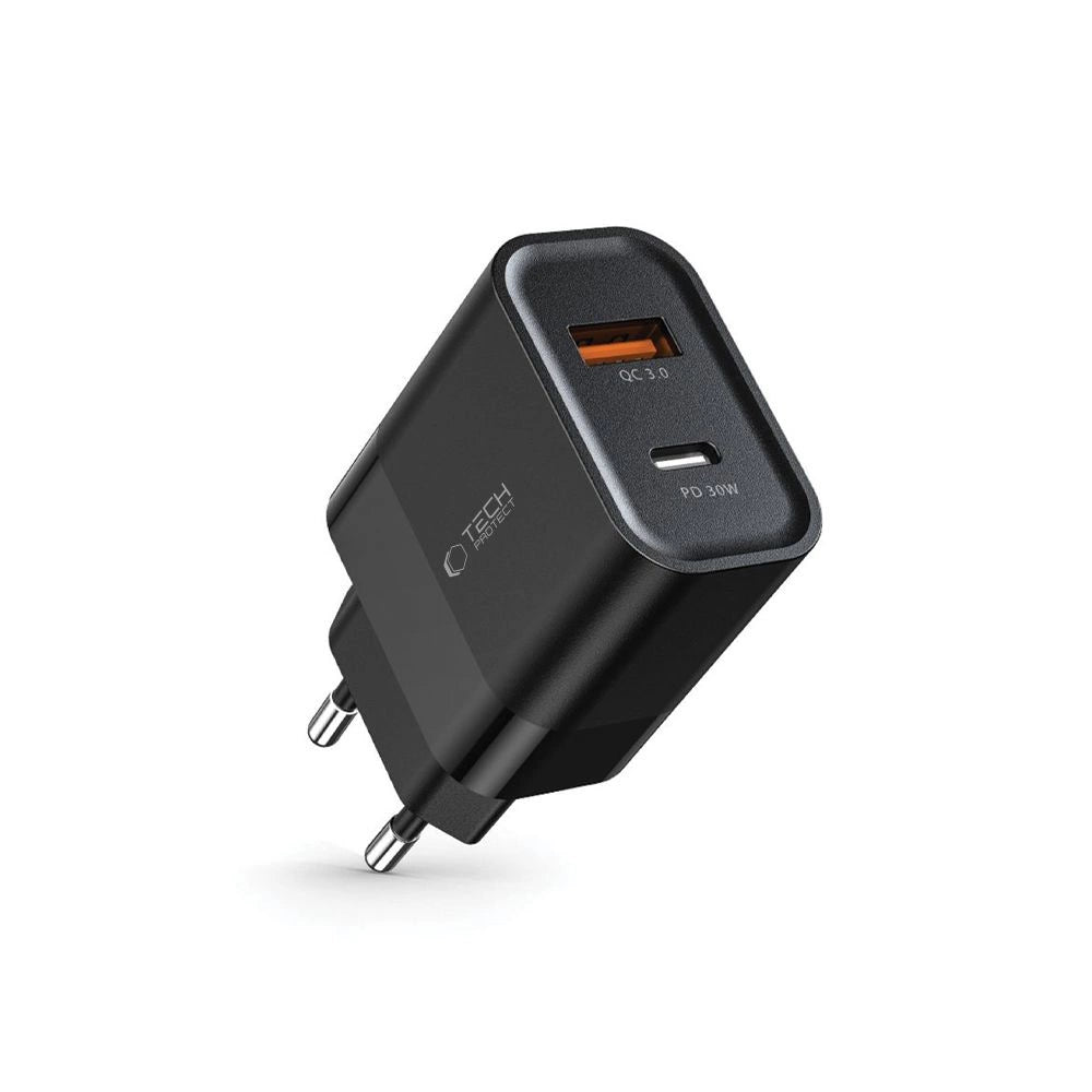 Tech-Protect C30W Charger | USB-C PD 30W & USB-A QC 3.0 | Black - MIZO.at