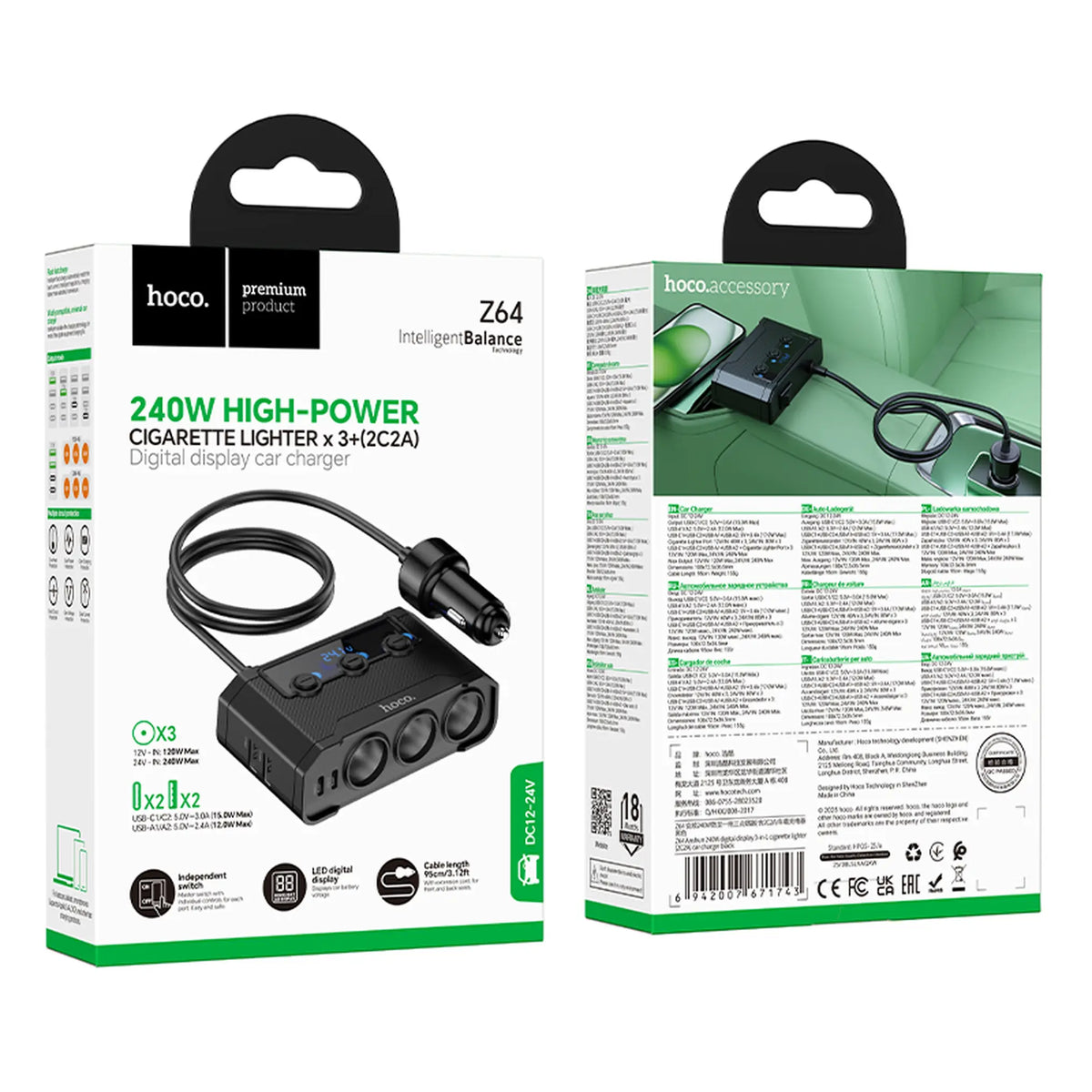 Hoco Z64 KFZ Ladegerät – 240W, 2x USB-A, 2x USB-C, Schwarz