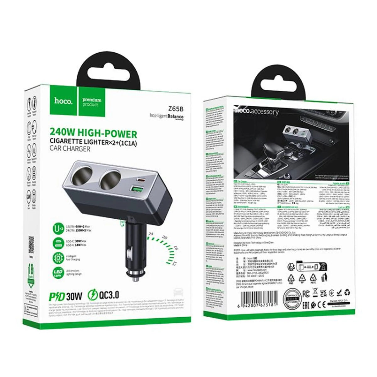 Hoco Z65B KFZ Ladegerät – USB-A, USB-C & 2x 240W, Schwarz