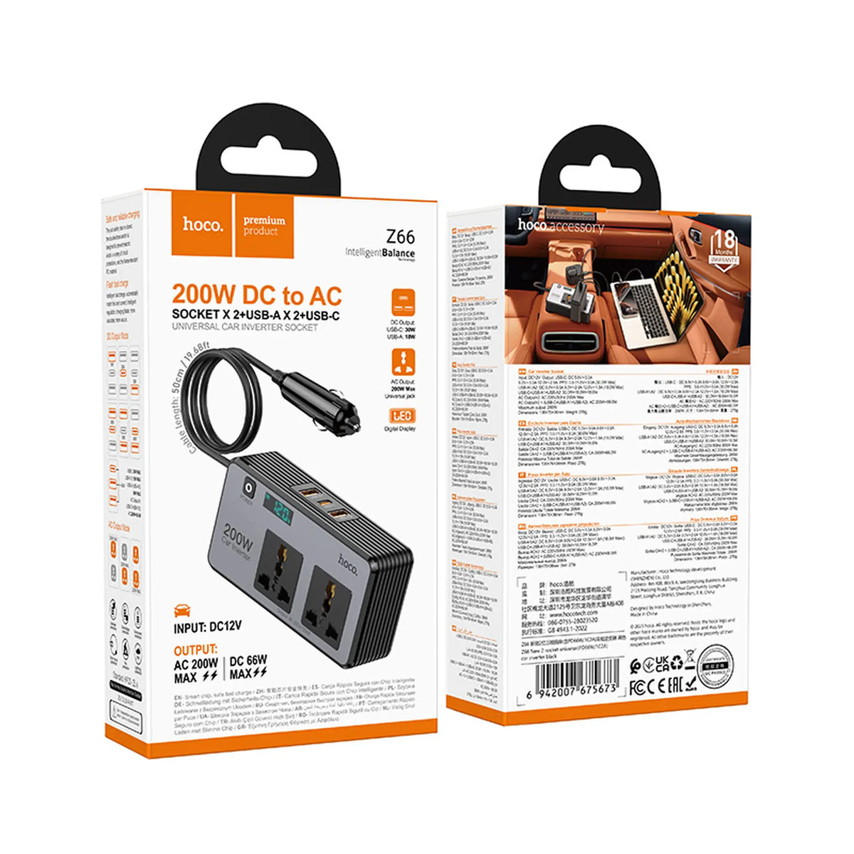 Hoco Z66 KFZ Wechselrichter – 200W, PD 66W, 2x USB, Schwarz