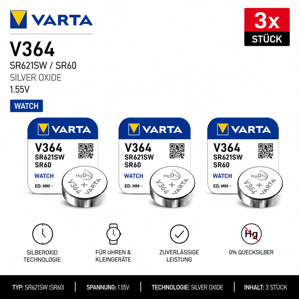 Varta 364 SR60 Silberoxid Knopfzelle 1,55V 3 Stk.